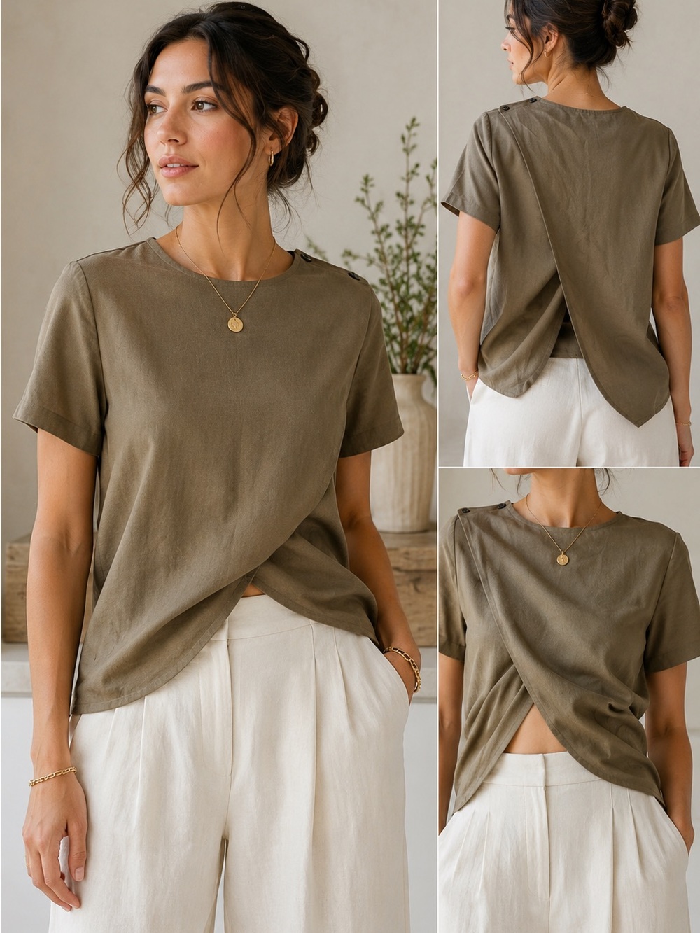 NWT VETTA Capsule Dark Khaki Linen Tencel Reversible Crossover Top XS